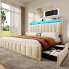 imageYITAHOME Full Size Bed Frame with 4 Storage Drawers and RGB LED Lights Velvet Upholstered Platform Bed with Charging Station and Bookcase Storage Headboard No Box Spring Needed Easy Assembly GreyBeige