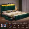 imageYITAHOME Full Size Bed Frame with 4 Storage Drawers and RGB LED Lights Velvet Upholstered Platform Bed with Charging Station and Bookcase Storage Headboard No Box Spring Needed Easy Assembly GreyGreen