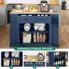 imageYITAHOME Kitchen Island with Seating 47 Inch Mobile Storage Island with Drop Leaf Rolling Islands Table with Power Outlet ampamp Spice Rack 2 Upholstered Stools and Footrest for Dining Room Off WhiteNavy Blue