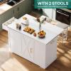 imageYITAHOME Kitchen Islands with Seating 47quot Mobile Storage Island with Trash Can Rolling Kitchen Island Cart with Drop Leaf ampamp Stainless Steel Countertop Bar Table with 2 Stools Spice Rack WhiteWhite