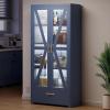 imageYITAHOME Kitchen Pantry Cabinet with Lights 61quot Metal Storage Cabinets with Adjustable Shelves Organizer Cabinet with Barn Doors Freestanding Cupboard with Drawer for Dining Living Room Navy BlueNavy Blue