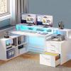 imageYITAHOME L Shaped Desk with 3 Drawers 65quot Corner Computer Desk with Power Outlets ampamp LED Lights LShaped Desk with File Cabinet ampamp Printer Stand for Home Office White ampamp OakWhite