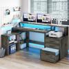 imageYITAHOME L Shaped Desk with 3 Drawers 65quot Corner Computer Desk with Power Outlets ampamp LED Lights LShaped Desk with File Cabinet ampamp Printer Stand for Home Office White ampamp OakGrey