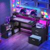 imageYITAHOME L Shaped Desk with 3 Drawers 65quot Corner Computer Desk with Power Outlets ampamp LED Lights LShaped Desk with File Cabinet ampamp Printer Stand for Home Office White ampamp OakBlack