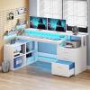 imageYITAHOME L Shaped Desk with 3 Drawers 65quot Corner Computer Desk with Power Outlets ampamp LED Lights LShaped Desk with File Cabinet ampamp Printer Stand for Home Office White ampamp OakWhite