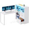 imageYITAHOME L Shaped Desk with Power Outlets 55quot Computer Desk with Drawers ampamp Bookshelf Home Office Desk with LED Lights Corner Desk with File Cabinet White ampamp OakWhite