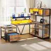 imageYITAHOME L Shaped Desk with Power Outlets 787quot Computer Desk with Drawers ampamp Bookshelf Reversible Corner Office Desk with LED Lights and Storage Shelves for Home Office Rustic Brown