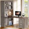 imageYITAHOME L Shaped Executive Desk with Hutch and Drawers Farmhouse Home Office Desk with Power Outlet Wood Corner Computer Desk with Sliding Door Storage Cabinet with Glass Door Grey ampamp WalnutGrey  Walnut