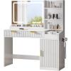 imageYITAHOME Large Makeup Vanity Desk with Mirror and Lights Fluted Vanity Table with 2 Drawers ampamp Adjustable Shelves Makeup Mirror in 3 Modes Lighting Dressing Table Set wCharging Station WhiteWhite