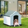 imageYITAHOME Large Plastic Dog House Outdoor Indoor Doghouse Puppy Shelter Water Resistant Easy Assembly Sturdy Dog Kennel with Air Vents and Elevated FloorGrayWhite
