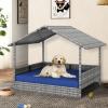imageYITAHOME Large Wicker Dog House with Cushion Outdoor Indoor Rattan Doghouse Elevated Raised Dog Bed with Canopy Water Resistant Dog Cot for Small Medium and Large Dogs Gray ampamp Blue