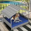 imageYITAHOME Large Wicker Dog House with Cushion Outdoor Indoor Rattan Doghouse Elevated Raised Dog Bed with Canopy Water Resistant Dog Cot for Small Medium and Large Dogs Gray ampamp Blue