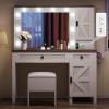 imageYITAHOME Makeup Vanity Desk with Mirror and Lights Farmhouse Vanity Table with Charging Station 42 Dressing Table with 2 Drawers ampamp 6 Cabinets 3 Color Lighting Modes for Bedroom White