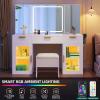 imageYITAHOME Makeup Vanity Table with Lights ampamp TriFold Mirror 56quot White Dressing Desk with RGBLit Glass Cabinets PushtoOpen Storage 4 Drawers Shelves Power Outlet and Padded Stool