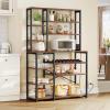 imageYITAHOME Microwave Stand Bakers Rack w Power Outlet Coffee Bar Kitchen Freestanding Utility Storage Shelf for Pantry Appliance Spice Pot Pan Organizer w Thickened Counter 6 Hook 39quot Oak ampamp WhiteRustic Brown