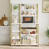 imageYITAHOME Microwave Stand Bakers Rack w Power Outlet Coffee Bar Kitchen Freestanding Utility Storage Shelf for Pantry Appliance Spice Pot Pan Organizer w Thickened Counter 6 Hook 39quot Oak ampamp WhiteWhite  Gold