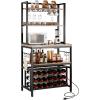 imageYITAHOME Microwave Stand Bakers Rack w Power Outlet Coffee Bar Kitchen Freestanding Utility Storage Shelf for Pantry Appliance Spice Pot Pan Organizer w Thickened Counter 6 Hook 39quot Oak ampamp WhiteRustic Brown