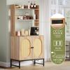 imageYITAHOME Microwave Stand Bakers Rack w Power Outlet Coffee Bar Kitchen Freestanding Utility Storage Shelf for Pantry Appliance Spice Pot Pan Organizer w Thickened Counter 6 Hook 39quot Oak ampamp WhiteOak