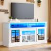 imageYITAHOME Modern TV Stand for 75 Inch TV LED Entertainment Center with Adjustable Shelves and Glass Doors 32 Tall Television Stands TV Media Console Table for Living Room Pine GreyWhite