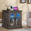 imageYITAHOME Nightstand with Charging Station Farmhouse End Bedside Table with LED Lights Barn Door and Adjustable Storage Shelf Table Wood Rustic Sofa Side Table for Living Room Bedroom 1pcDark Rustic Oak