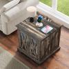 imageYITAHOME Nightstand with Charging Station Farmhouse End Bedside Table with LED Lights Barn Door and Adjustable Storage Shelf Table Wood Rustic Sofa Side Table for Living Room Bedroom 1pcDark Rustic Oak