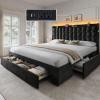 imageYITAHOME Queen Size Bed Frame with 3 Storage Drawers and RGB LED Lights Velvet Upholstered Bed with Charging Station and Storage Headboard No Box Spring Needed Easy Assembly NoiseFree GreyBlack