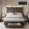 imageYITAHOME Queen Size Bed Frame with 3 Storage Drawers and RGB LED Lights Velvet Upholstered Bed with Charging Station and Storage Headboard No Box Spring Needed Easy Assembly NoiseFree GreyGrey