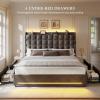 imageYITAHOME Queen Size Bed Frame with 4 Drawers and RGB LED Lights Velvet Upholstered Platform Bed with Charging Station and Storage Headboard No Box Spring Needed Easy Assembly NoiseFree BlackGrey