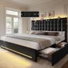imageYITAHOME Queen Size Bed Frame with 4 Drawers and RGB LED Lights Velvet Upholstered Platform Bed with Charging Station and Storage Headboard No Box Spring Needed Easy Assembly NoiseFree BlackBlack