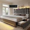 imageYITAHOME Queen Size Bed Frame with 4 Drawers and RGB LED Lights Velvet Upholstered Platform Bed with Charging Station and Storage Headboard No Box Spring Needed Easy Assembly NoiseFree BlackGrey