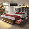 imageYITAHOME Queen Size Bed Frame with 4 Drawers and RGB LED Lights Velvet Upholstered Platform Bed with Charging Station and Storage Headboard No Box Spring Needed Easy Assembly NoiseFree BlackGrey