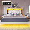imageYITAHOME Queen Size Floating Bed Frame with RGB LED Lights Bookcase Storage Headboard Beds with Charging Station Upholstered Platform with Heavy Duty Wood Slat No Box Spring Needed BeigeBeige
