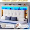imageYITAHOME Queen Size Floating Bed Frame with RGB LED Lights Bookcase Storage Headboard Beds with Charging Station Upholstered Platform with Heavy Duty Wood Slat No Box Spring Needed BeigeBeige