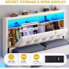 imageYITAHOME Queen Size Floating Bed Frame with RGB LED Lights Bookcase Storage Headboard Beds with Charging Station Upholstered Platform with Heavy Duty Wood Slat No Box Spring Needed BeigeBeige