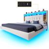 imageYITAHOME Queen Size Floating Bed Frame with RGB LED Lights Bookcase Storage Headboard Beds with Charging Station Upholstered Platform with Heavy Duty Wood Slat No Box Spring Needed BeigeBeige