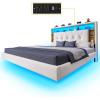 imageYITAHOME Queen Size Floating Bed Frame with RGB LED Lights Bookcase Storage Headboard Beds with Charging Station Upholstered Platform with Heavy Duty Wood Slat No Box Spring Needed BeigeBeige