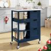 imageYITAHOME Small Solid Wood Top Kitchen Island Cart on Wheels with Storage Rolling Portable Dining Room Serving Utility Carts Mobile Movable with 3 Drawers Cabinet Dark Brown267W Blue