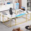 imageYITAHOME U Shaped Desk with Power Outlets ampamp LED Lights 79quot Reversible L Shaped Desk with Drawers Corner Computer Desk Office Desk with Monitor Stand ampamp Storage Shelves BlackWhite  Gold