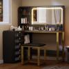 imageYITAHOME Vanity Desk Set L Makeup Vanity with Mirror and Lights 3 Lighting Modes 48quot Large Dressing Table with 5 Tempered Glass Drawers with Open Storage Shelves Vanity Table White UpgradedBlack