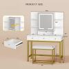imageYITAHOME Vanity Desk with Mirror ampamp Power Outlet Makeup Table with 2 Drawers 5 Open Shelves ampamp Hair Dryer Storage Stool 3 Models LED Light Vanity Set for Bedroom WhiteWhite