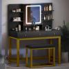 imageYITAHOME Vanity Desk with Mirror ampamp Power Outlet Makeup Table with 2 Drawers 5 Open Shelves ampamp Hair Dryer Storage Stool 3 Models LED Light Vanity Set for Bedroom WhiteBlack
