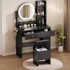 imageYITAHOME Vanity Desk with Mirror ampamp Power Outlet Makeup Table with 2 Drawers 5 Open Shelves ampamp Hair Dryer Storage Stool 3 Models LED Light Vanity Set for Bedroom WhiteBlack