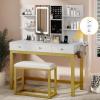 imageYITAHOME Vanity Desk with Mirror ampamp Power Outlet Makeup Table with 2 Drawers 5 Open Shelves ampamp Hair Dryer Storage Stool 3 Models LED Light Vanity Set for Bedroom WhiteWhite