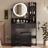 imageYITAHOME Vanity Desk with Mirror ampamp Power Outlet Makeup Table with 2 Drawers 5 Open Shelves ampamp Hair Dryer Storage Stool 3 Models LED Light Vanity Set for Bedroom WhiteBlack