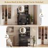 imageYITAHOME Vanity Desk with Mirror ampamp Power Outlet Makeup Table with 2 Drawers 5 Open Shelves ampamp Hair Dryer Storage Stool 3 Models LED Light Vanity Set for Bedroom WhiteBlack