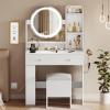 imageYITAHOME Vanity Desk with Mirror ampamp Power Outlet Makeup Table with 2 Drawers 5 Open Shelves ampamp Hair Dryer Storage Stool 3 Models LED Light Vanity Set for Bedroom WhiteWhite