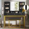 imageYITAHOME Vanity Desk with Mirror ampamp Power Outlet Makeup Table with 2 Drawers 5 Open Shelves ampamp Hair Dryer Storage Stool 3 Models LED Light Vanity Set for Bedroom WhiteBlack