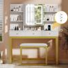 imageYITAHOME Vanity Desk with Mirror ampamp Power Outlet Makeup Table with 2 Drawers 5 Open Shelves ampamp Hair Dryer Storage Stool 3 Models LED Light Vanity Set for Bedroom WhiteWhite