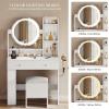 imageYITAHOME Vanity Desk with Mirror ampamp Power Outlet Makeup Table with 2 Drawers 5 Open Shelves ampamp Hair Dryer Storage Stool 3 Models LED Light Vanity Set for Bedroom WhiteWhite