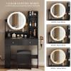imageYITAHOME Vanity Desk with Mirror ampamp Power Outlet Makeup Table with 2 Drawers 5 Open Shelves ampamp Hair Dryer Storage Stool 3 Models LED Light Vanity Set for Bedroom WhiteBlack